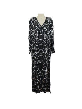 VTG Women Large Silk Black Silver V Neck Sequin Beaded Caftan Kaftan Gown Dress